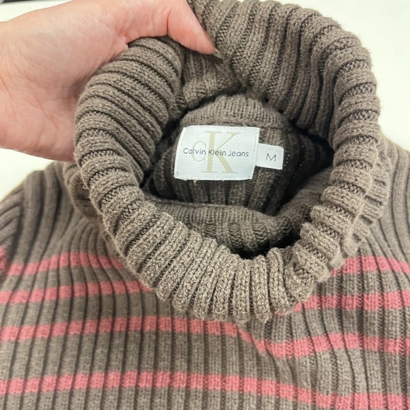 Vintage Y2K Calvin Klein Jeans Sweater Womens M Striped Rib Turtleneck Pullover - Picture 2 of 15